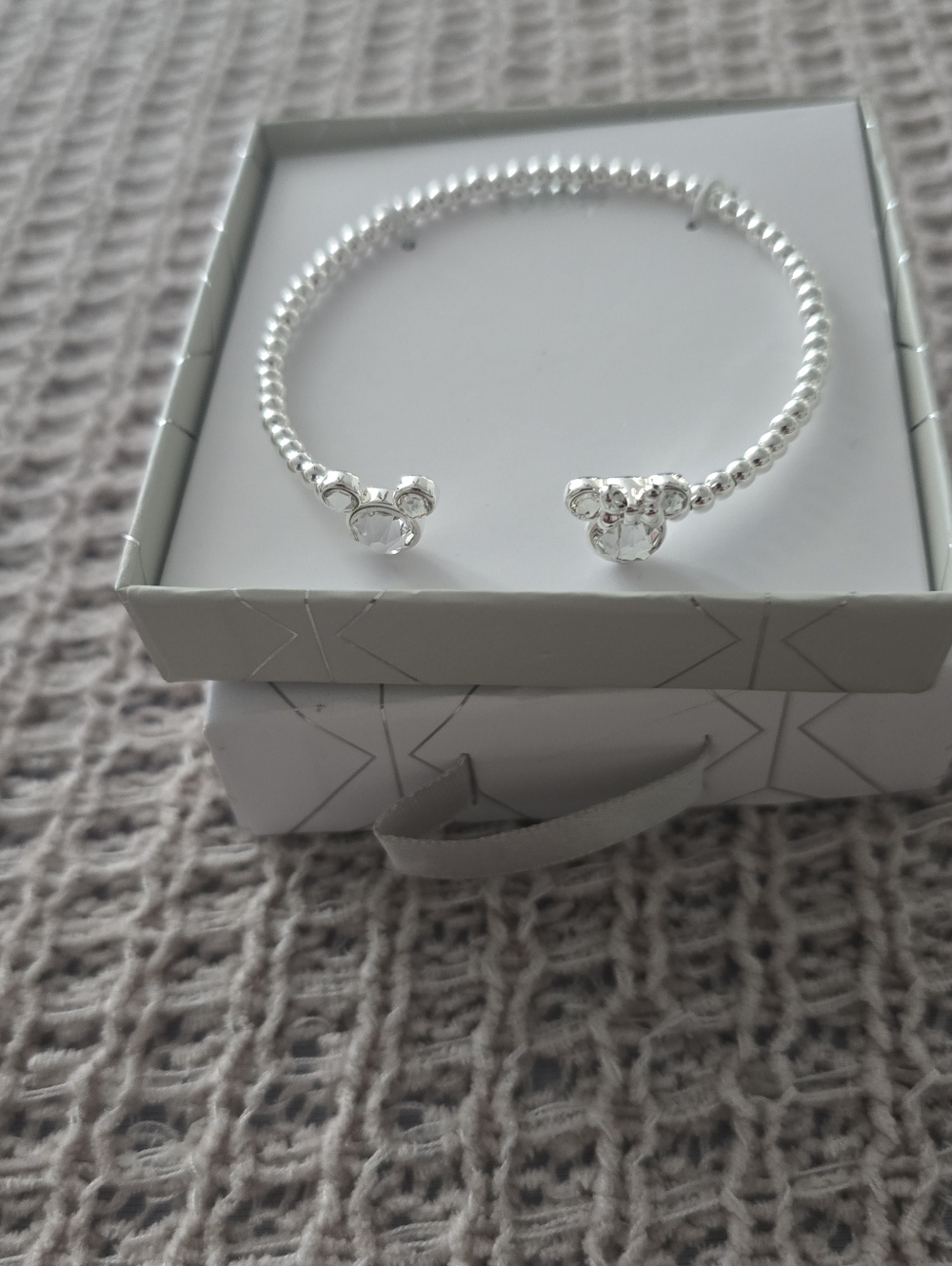 Disney Silver Beaded Open Cuff Bracelet with Mickey Crystal Ends - Picture 2 of 5